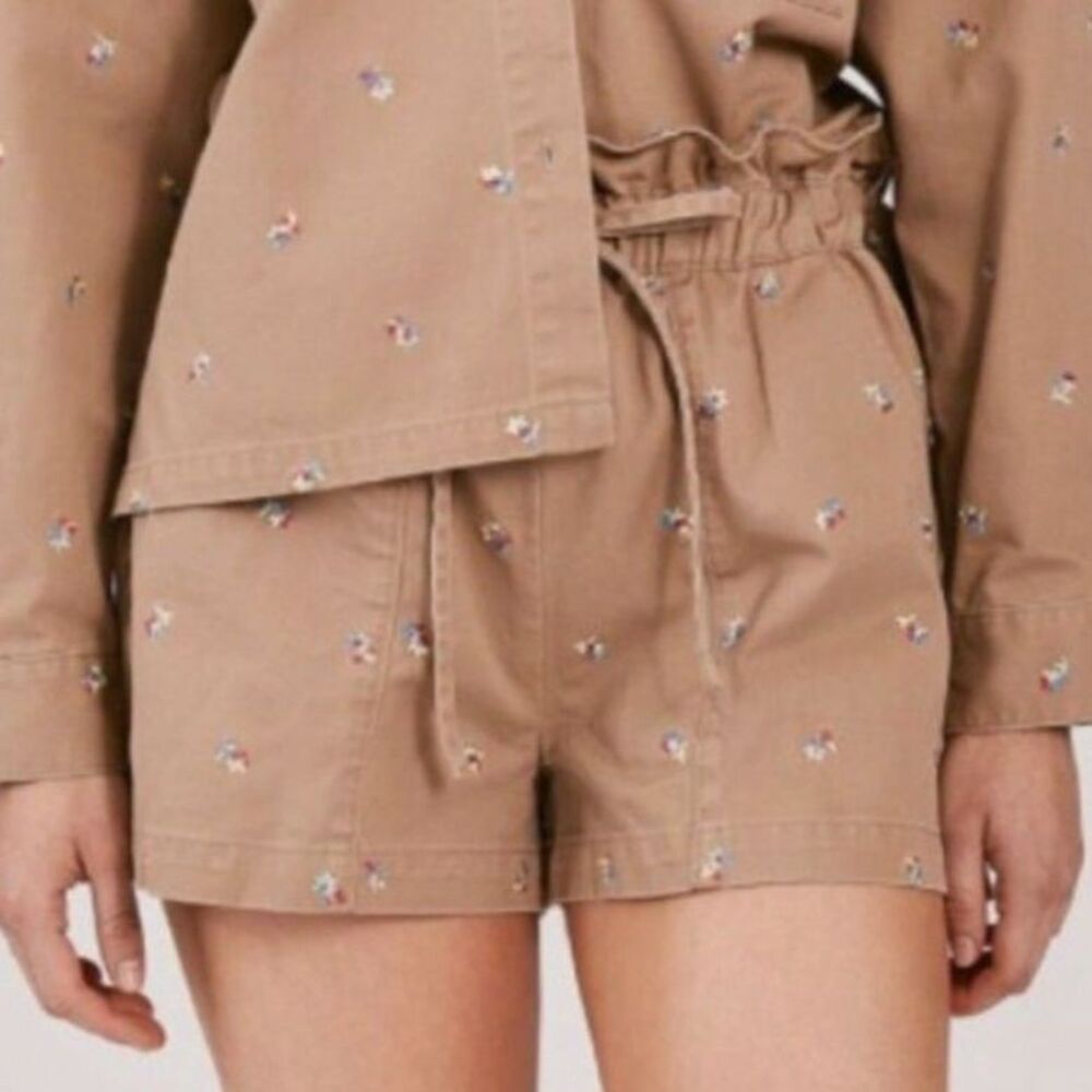 Something Navy Agnes Paperbag Shorts Floral Embroidered Tan Women's M NWT